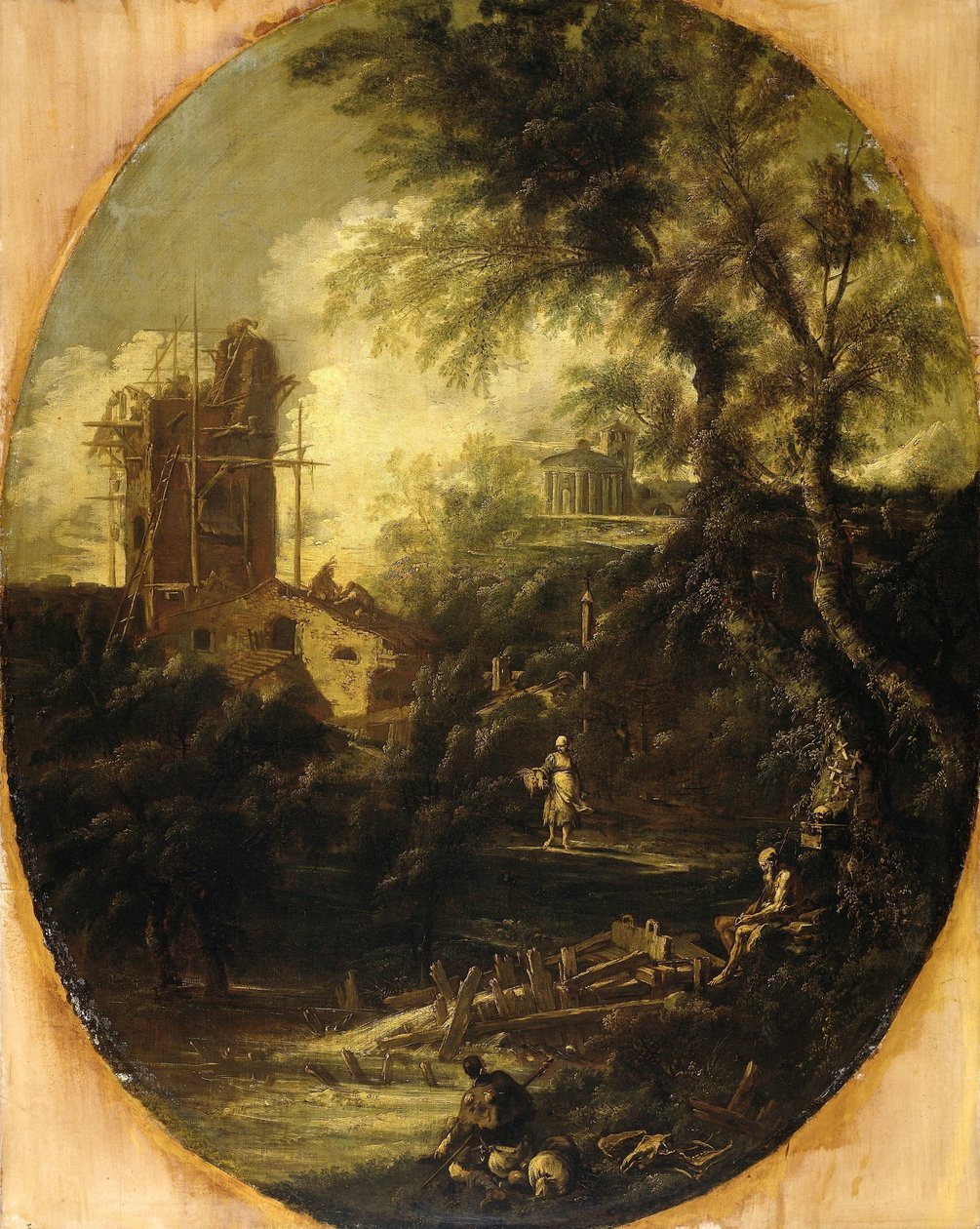 Landskap med eremitt, pilegrim og bondekvinne av Antonio Francesco Peruzzini (attributed to)