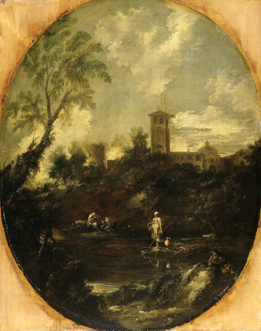 Landskap med munker, pilegrim og bondekvinne av Antonio Francesco Peruzzini (attributed to)