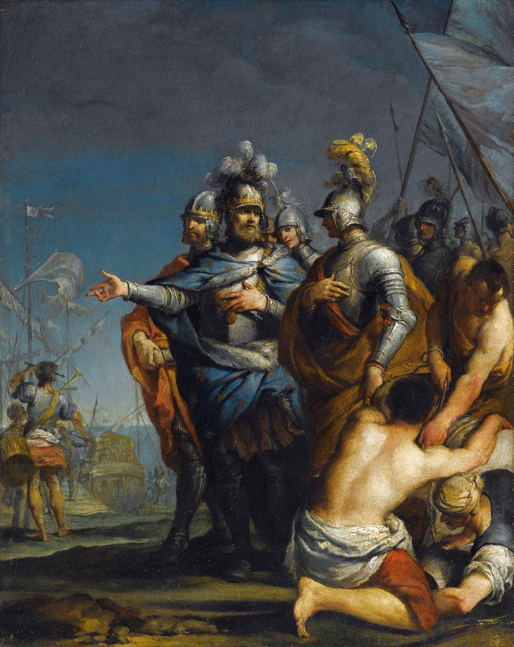Saint Louis Departing For The Crusade av Antonio Gionima (1697-1732) - Olje på kobber, 45x35,8 - Privat samling av Antonio Gionima