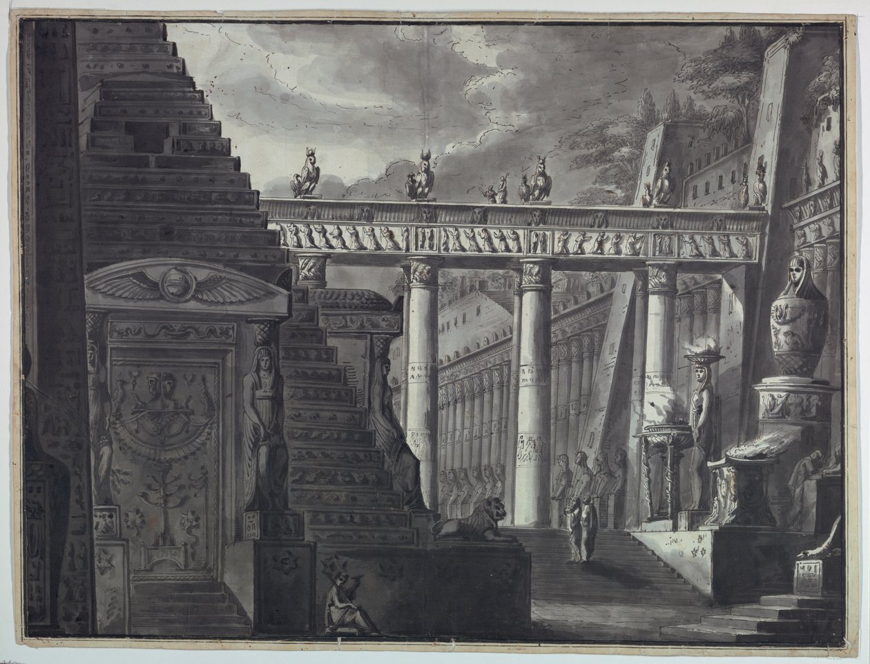 Scenedesign, gårdsplassen til et egyptisk tempel av Antonio Giuseppe Basoli