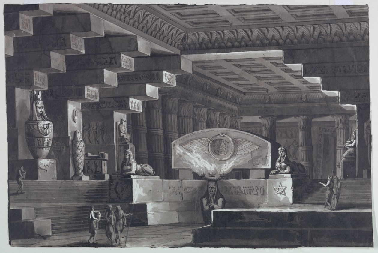 Scenedesign, interiør i egyptisk tempel av Antonio Giuseppe Basoli