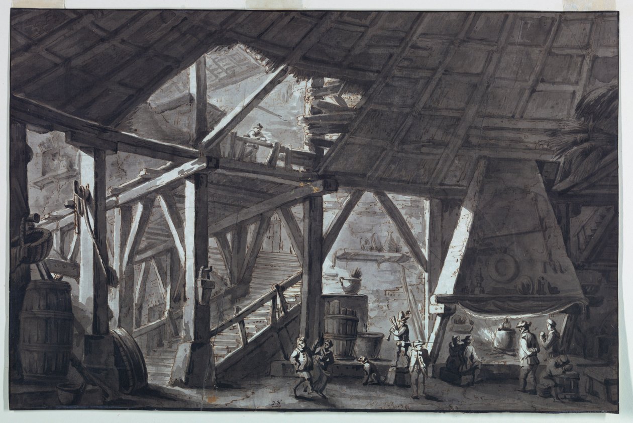 Scenedesign, interiør i ødelagt gårdsbygning av Antonio Giuseppe Basoli