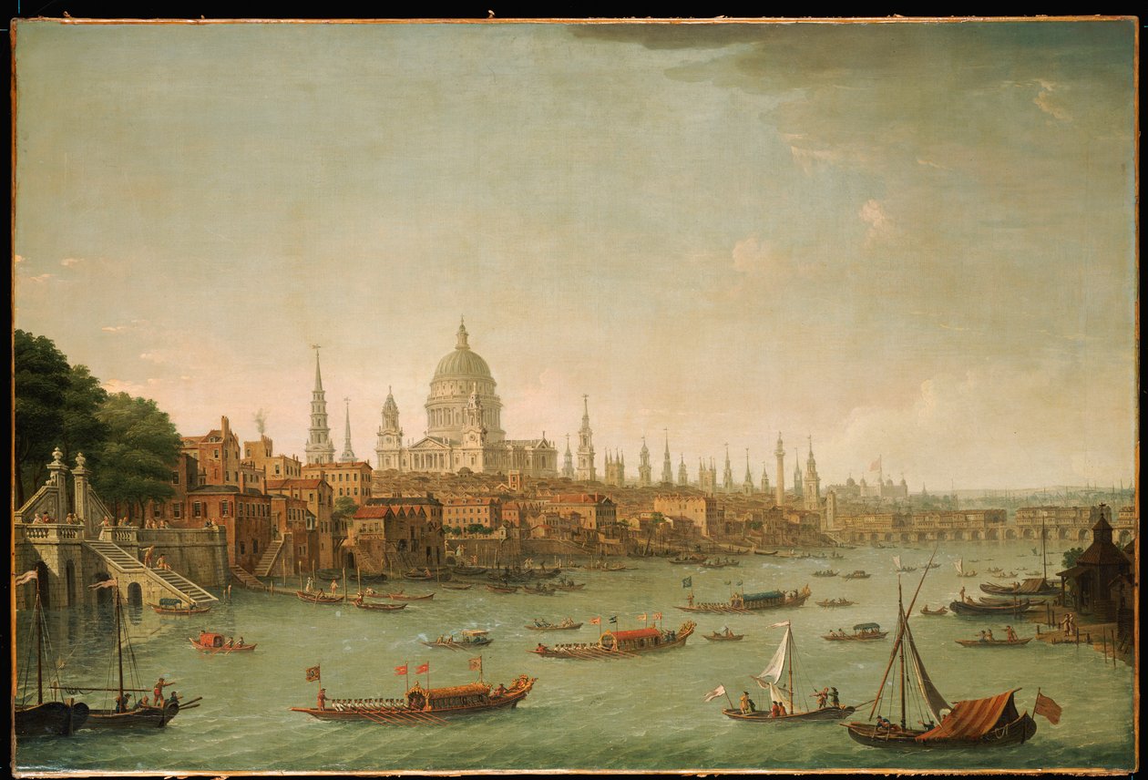 En panoramautsikt over City of London fra Themsen nær Water Gate of Somerset House av Antonio Joli