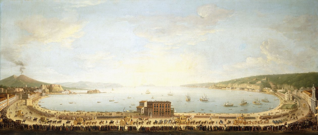En panoramautsikt over Napolibukten, med den kongelige prosesjonen til Piedigrotta, av Antonio Joli