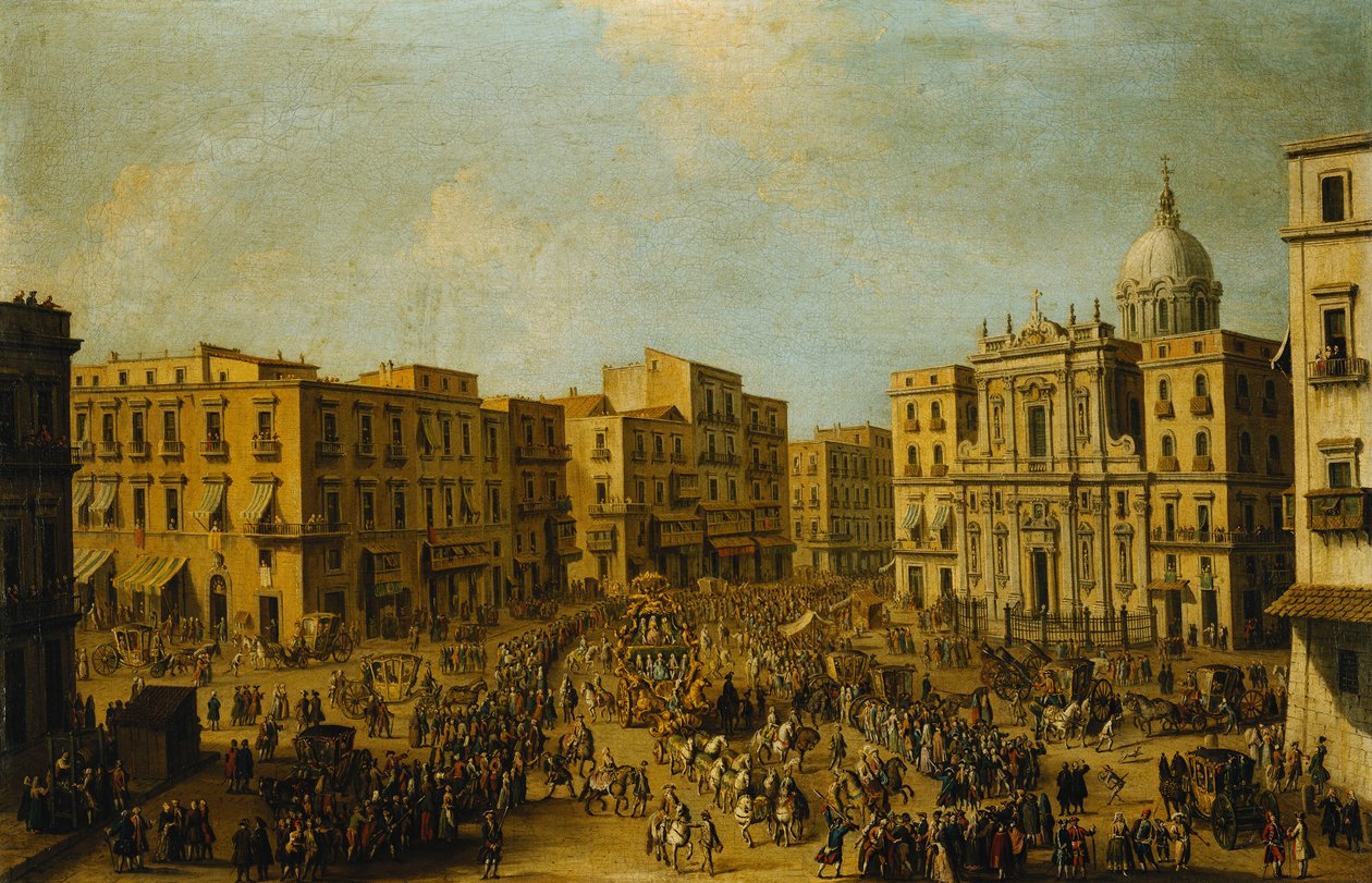 Largo San Ferdinando, Napoli, ved karnevalstid med den kongelige vognen som nærmer seg Palazzo Reale, av Antonio Joli