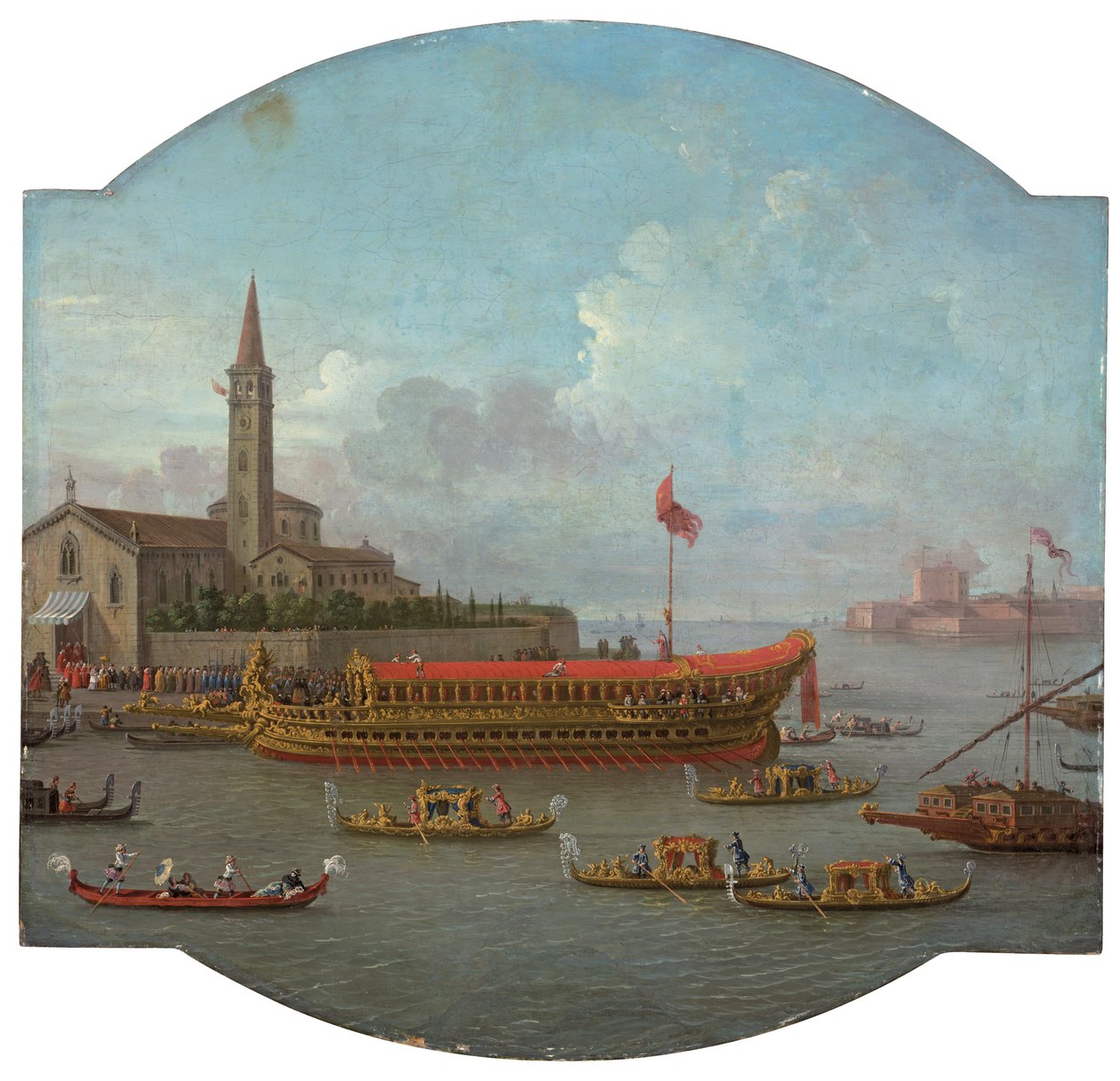 Utsikt over Bucintoro forankret foran San Nicolo al Lido, Venezia, for seremonien til Sposalizio del Mare av Antonio Joli