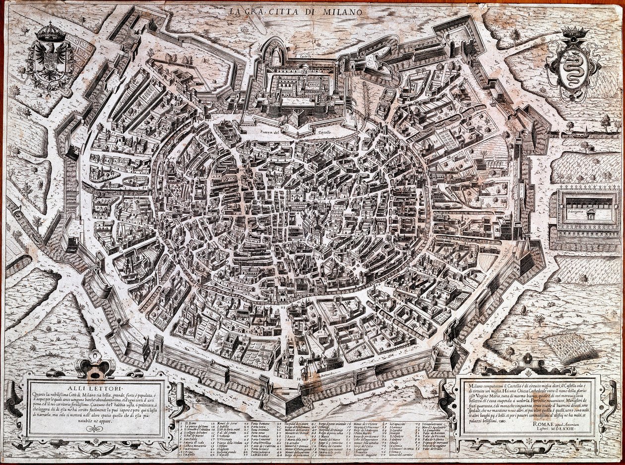 Bykart over Milano redigert av Antonio Lafreri (Lafrery eller Lanfrerius) (1512-1577) i 1573. Dette er det eldste kartet i byen. Milano, Milano Museum - Kart over Milano. Det eldste kartet over byen i 1573, redigert av Antonio Lafreri. Italia, Milanos muse av Antonio Lafreri