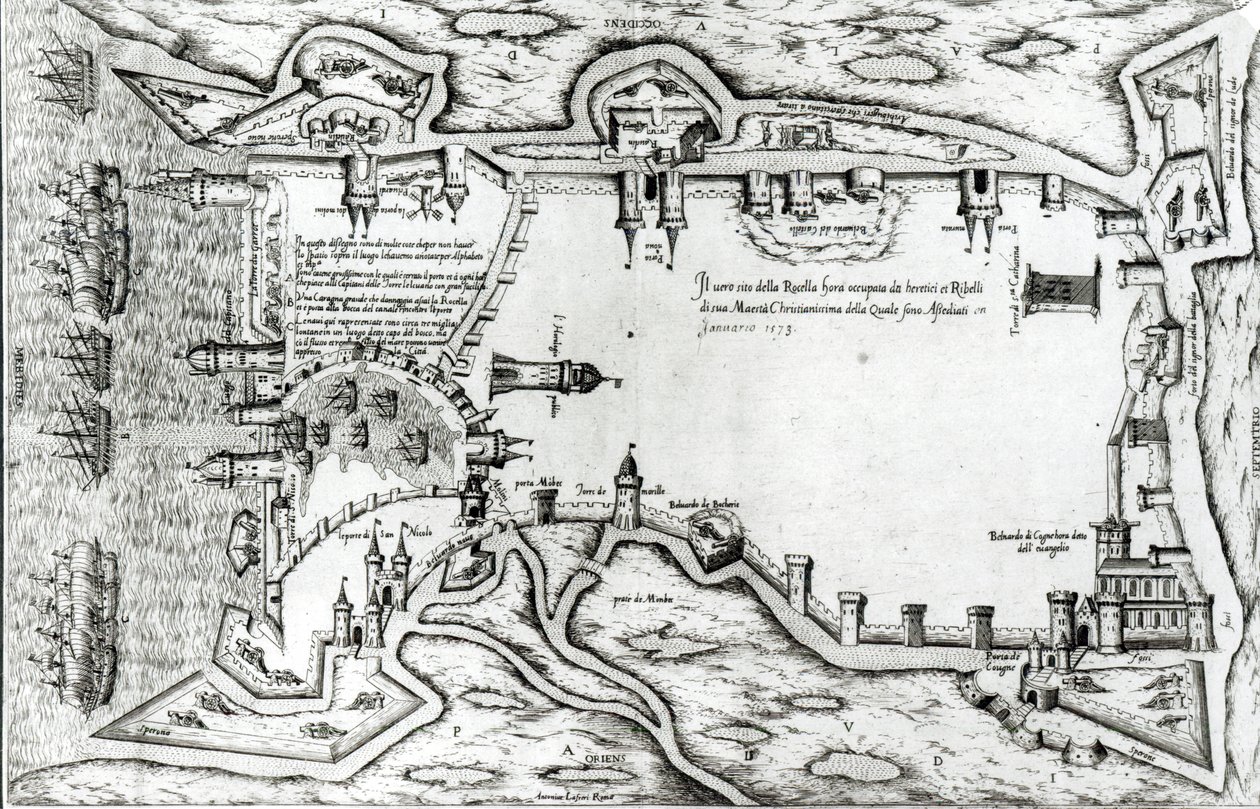 Kart som illustrerer La Rochelle okkupert av hugenottene av Antonio Lafreri