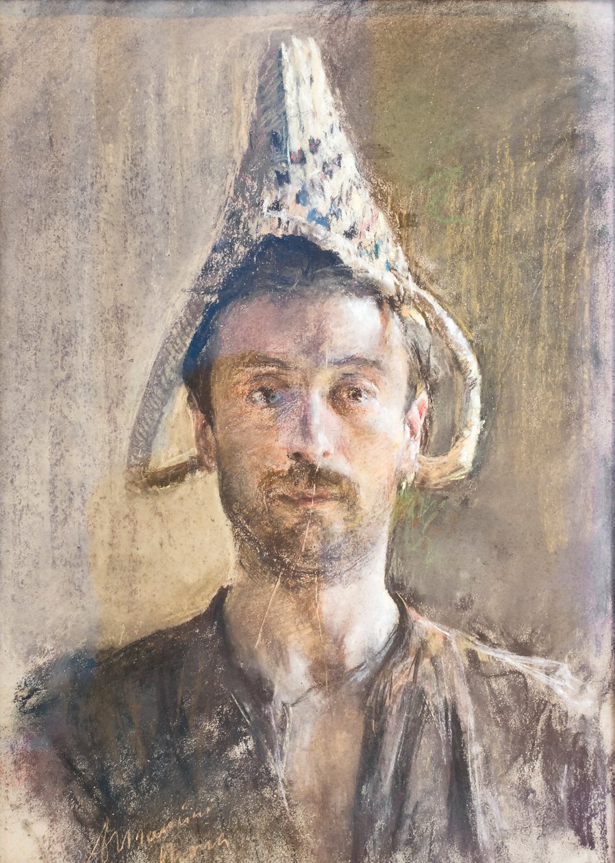 Selvportrett med kurv av Antonio Mancini