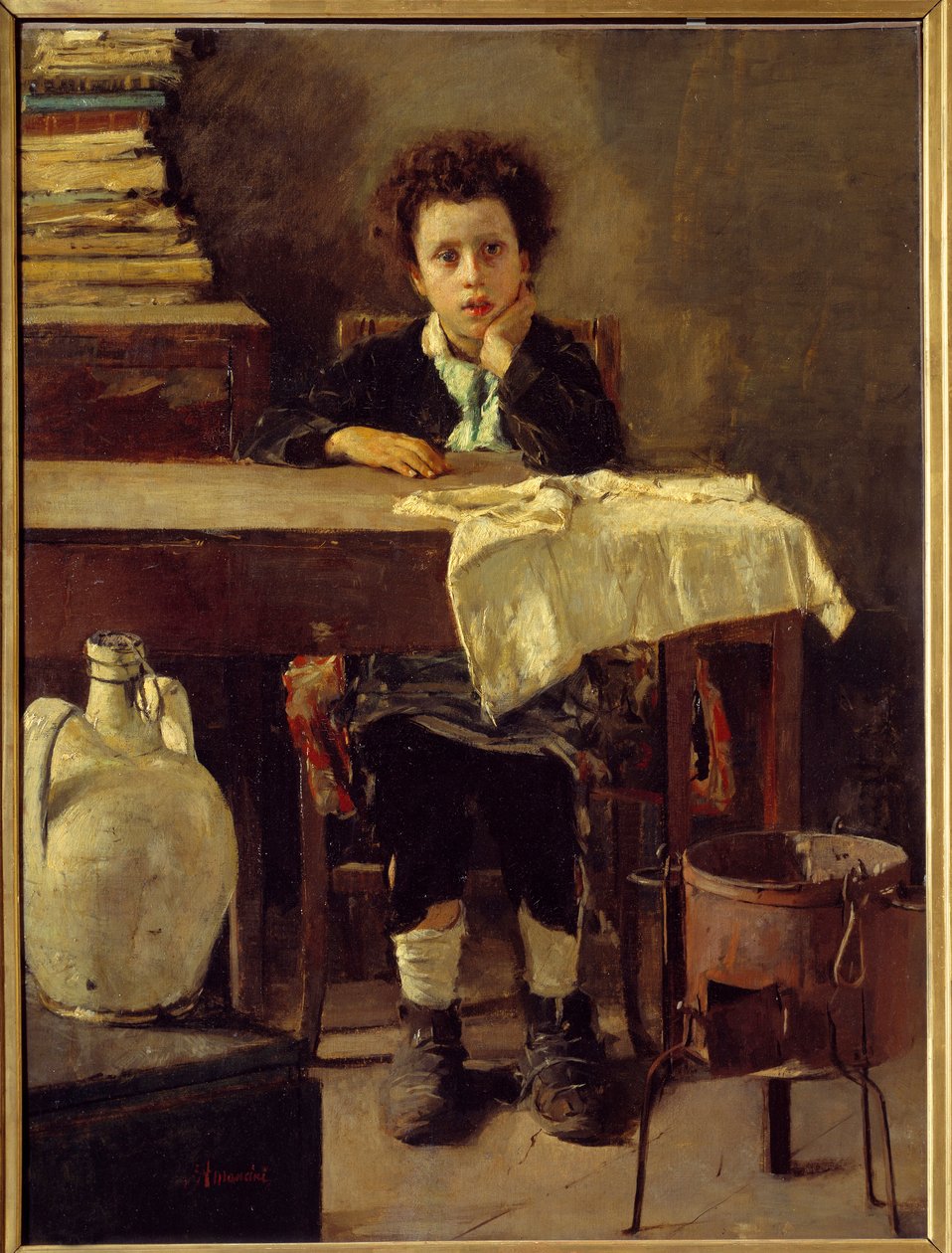 Den lille skolegutten eller fattige skolegutten Maleri av Antonio Mancini (1852-1930) 1800-tallets søn. 1,3x0,97 m Paris, Musee d