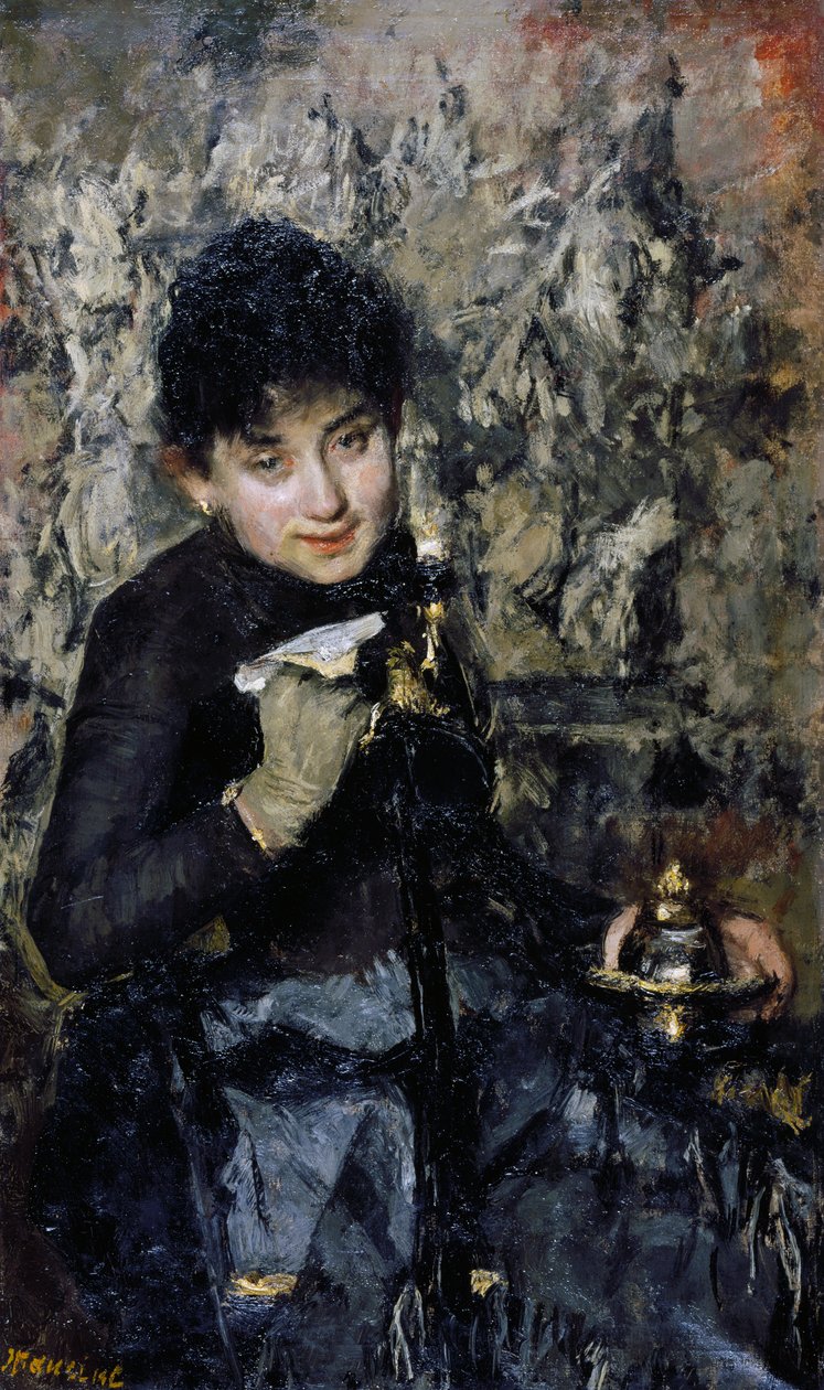 Kvinne med blekkhus, ca 1875, av Antonio Mancini (1852-1930), olje på lerret av Antonio Mancini