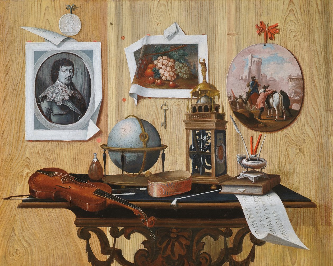 Trompe l"oeil av et trykk og to malerier, en nøkkel, en fiolin, en globus, en klokke, et noteark og andre gjenstander på et bord av Antonio Mara