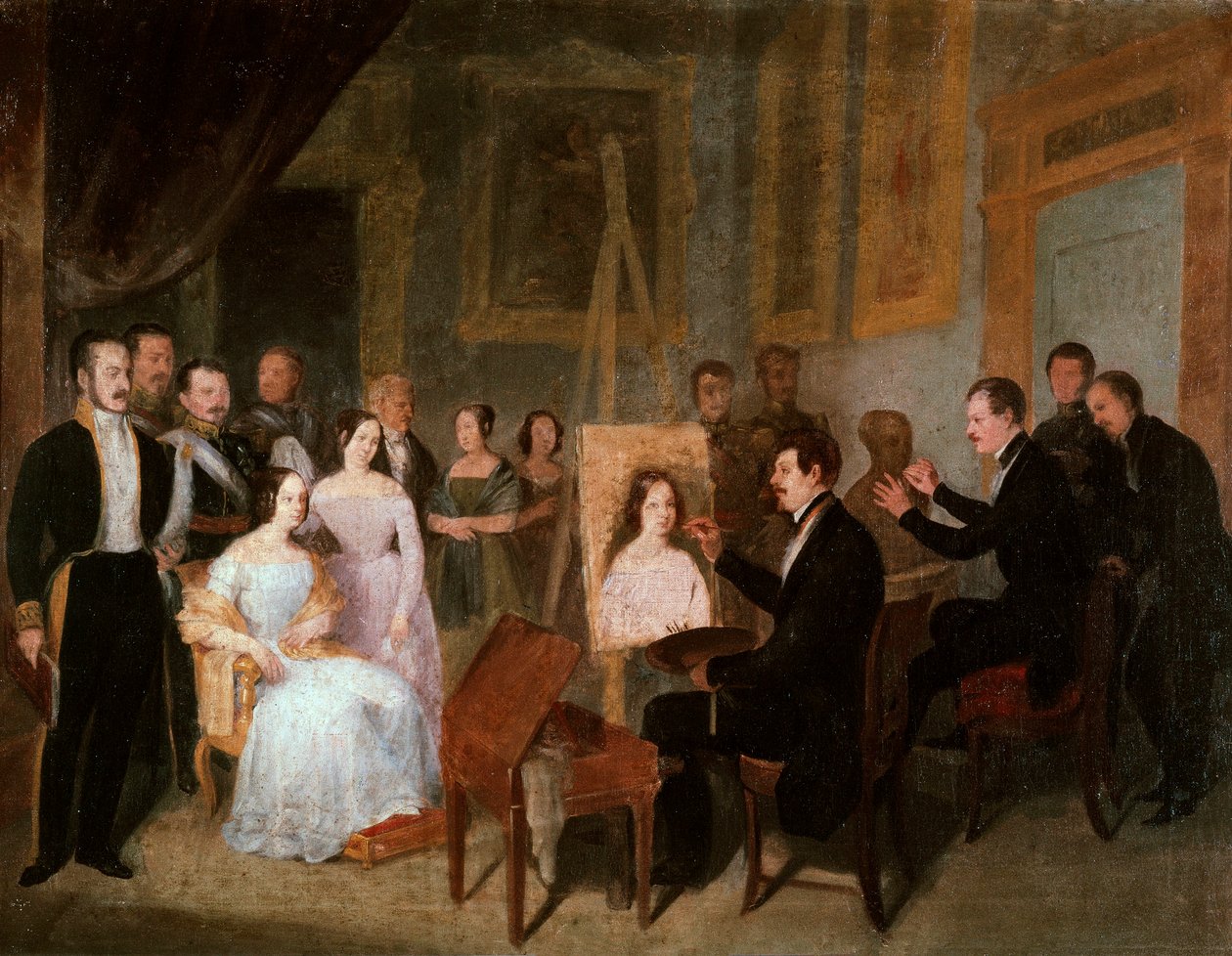 Dodge i sitt studio maler portrettet av dronning Isabella II av Spania (1830-1904). Maleri av Antonio Maria Esquivel (1806-1857) av Antonio María Esquivel y Suárez de Urbina