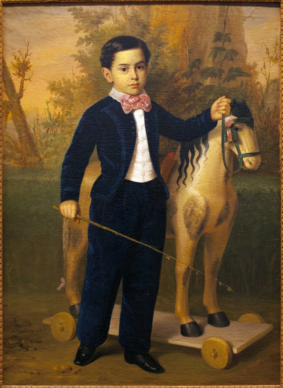 Portrett av en liten gutt med en trehest. Maleri av Antonio Maria Esquivel (1806-1857), Olje på lerret, ves 1851. Museum of Fine Arts i Sevilla, Spania. av Antonio María Esquivel y Suárez de Urbina