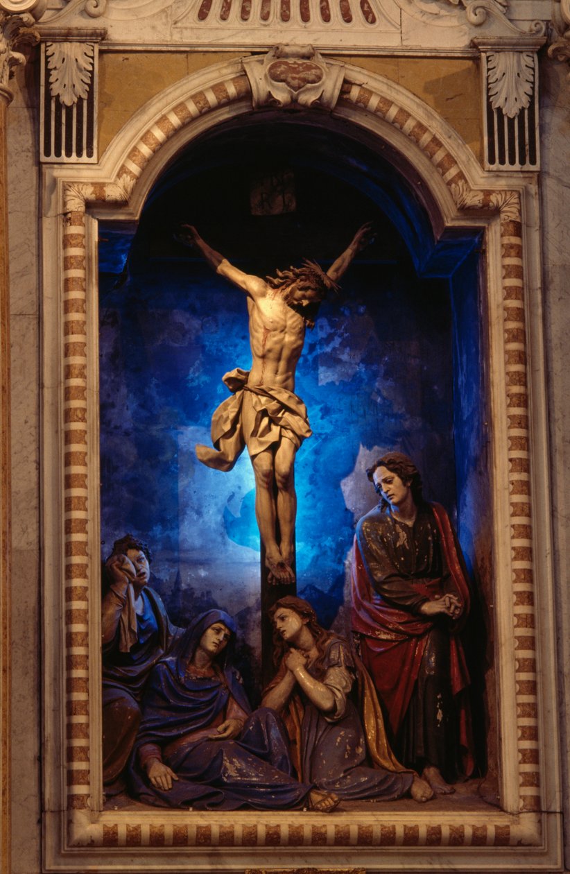 Crucifixion, av Anton Maria Maragliano (1664-1739), Crucifix kapell, Shrine of Our Lady of Acquasanta, Acquasanta, Genova, Liguria, Italia av Antonio Maria Maragliano
