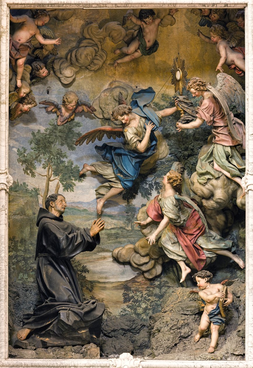 San Pasquale Baylon i tilbedelse (freskomaleri på utskåret tre) av Antonio Maria Maragliano