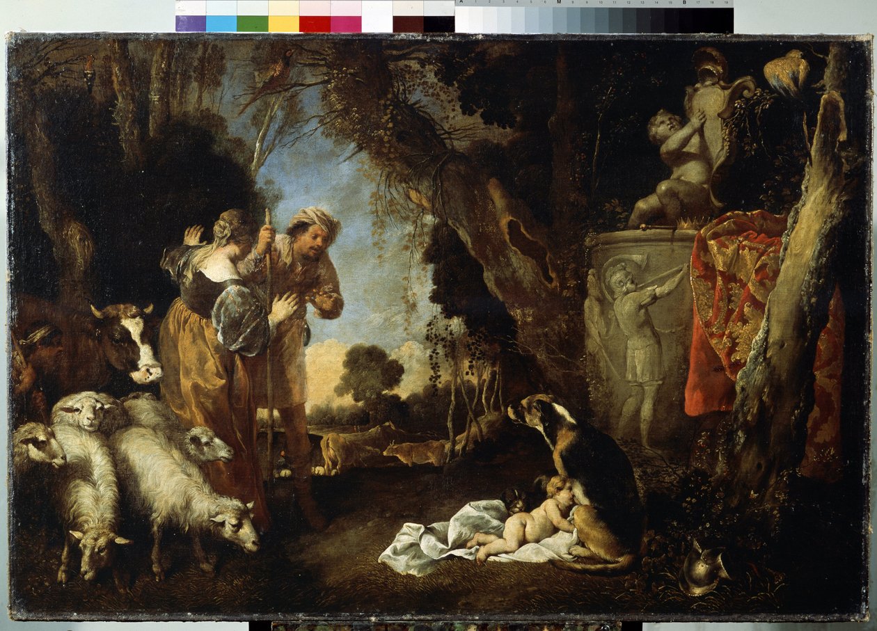 Barndommen til kong Kyros (barndommen til kong Kyros). Kyros II eller Kyros den store (ca. 559 f.Kr. -529 f.Kr.), grunnlegger av det persiske riket. Babyen blir tatt inn og ammet av en hund. Maleri av Antonio Maria Vassallo (ca. 1620-1664/1673). H av Antonio Maria Vassallo