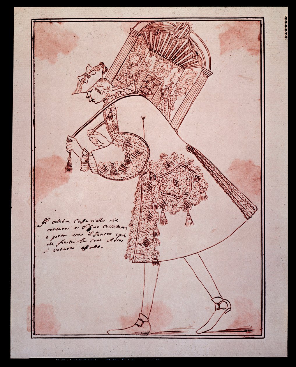 Portrett av Gaetano Majorana kalt Caffarelli (eller Cafarello, eller G Affariello) (1710-1783) italiensk castrato (castrat) som bærer bort San Giovanni Grisostomo-teateret tegneserie av Anton Maria Zanetti (1680-1767). 18. århundre. Privat samling. av Antonio Maria Zanetti