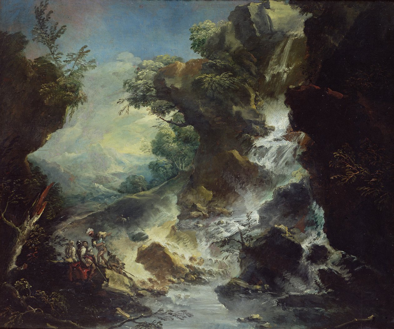 Landskap med foss, ca. 1700-07 (olje på lerret) av Antonio Marini