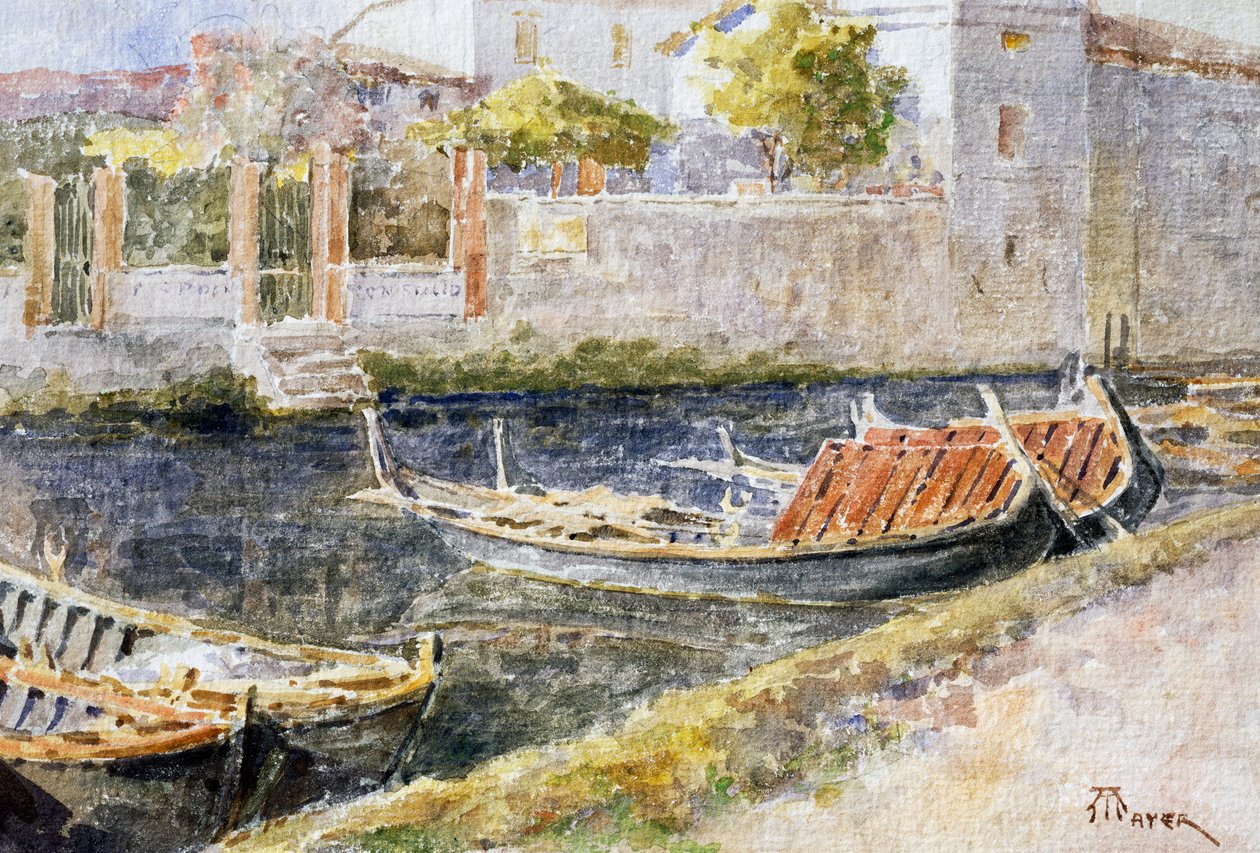 Sirmione ved Gardasjøen, av Antonio Mayer (1862-1921), akvarell. Italia, 1900-tallet. av Antonio Mayer