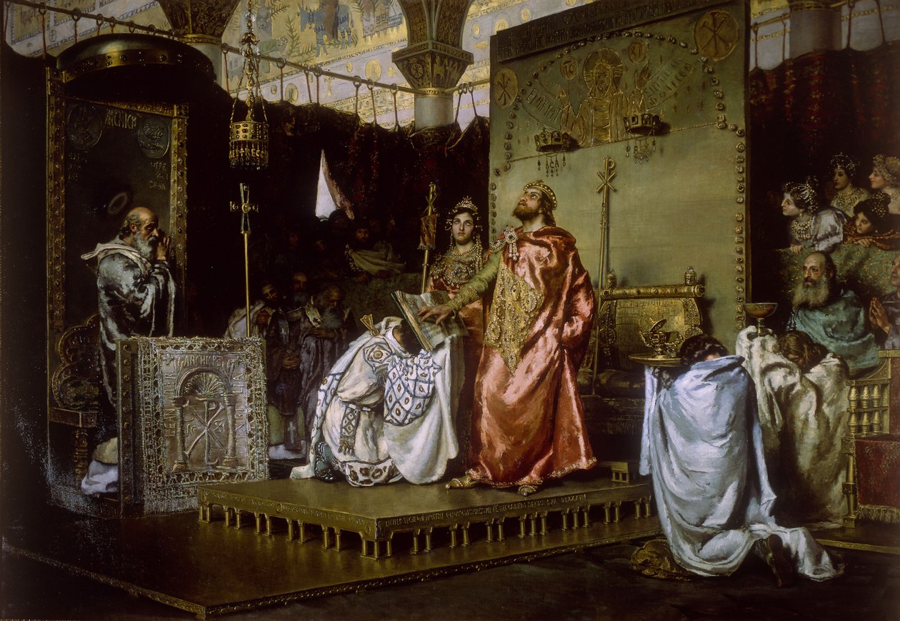 Konvertering av reccared til katolisisme ved Council III of Toledo, 589, 1888 av Antonio Munoz Degrain