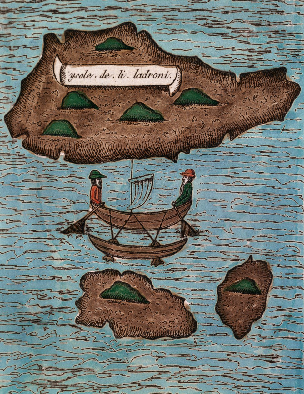 Islas de los Ladrones (i dag Mariana Islands), farget tresnitt fra Rapport om den første reisen rundt om i verden med Ferdinand Magellan av Antonio Pigafetta