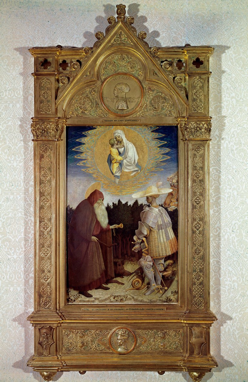 Jomfruens åpenbaring for den hellige Antonius Abbe (den hellige Antonius den store (250/251-356) (eller den hellige eremitten Antonius) og den hellige Georg. Maleri av Antonio di Puccio Pisano dit Pisanello (1395-1455) av Antonio Pisanello