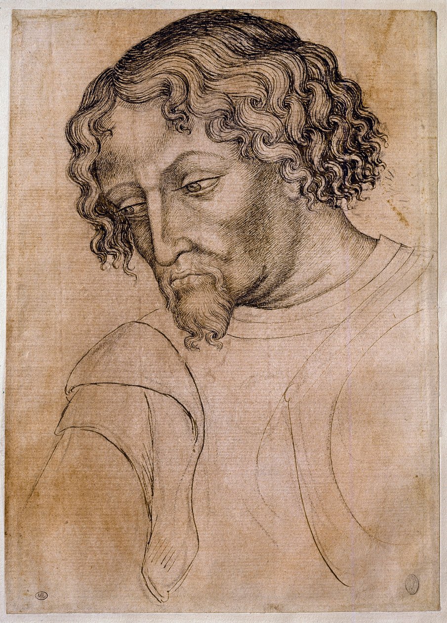 Byste av skjeggete mann, trekvart hode bøyd til venstre. Tegning av verkstedet Antonio di Puccio Pisano dit Pisanello (1395-1455). Fjær (tegning), blod. Mål: 28x20cm. Louvre, tegnefirma av Antonio Pisanello