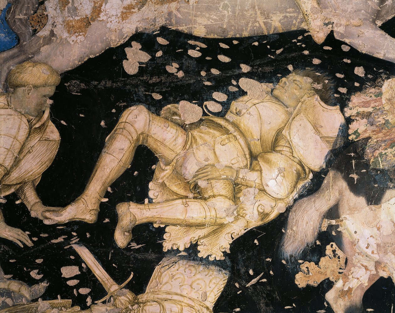 Chivalresque emne, detalj fra Tournament-Battle of Louvezerp, av Antonio Pisanello (1395-1455), fresco. Palazzo Ducale i Mantua. av Antonio Pisanello