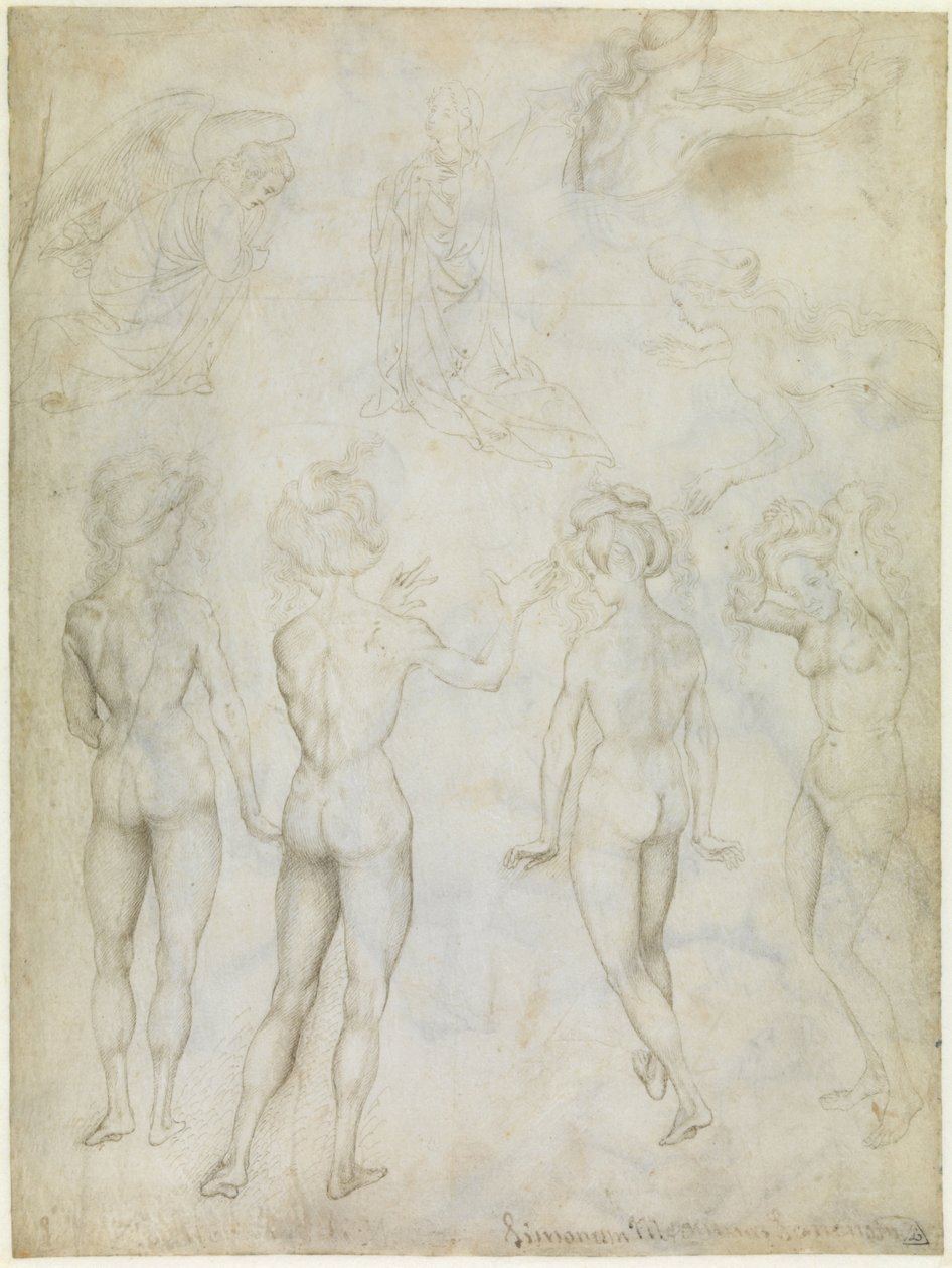 Fire studier av en naken kvinne, en kunngjøring og to studier av en kvinne som svømmer, ca. 1425 av Antonio Pisanello