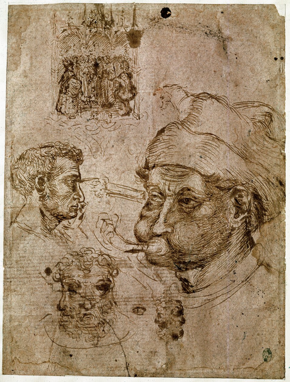Fire menns hoder, hvorav to har tre ansikter. En altertavle. En hest. Tegninger fra verkstedet til Antonio di Puccio Pisano dit Pisanello (1395-1455). Brunt blekk, penn (tegning), blod. Mål: 27,1x20,5cm. Louvre, Cabinet des medailles. av Antonio Pisanello