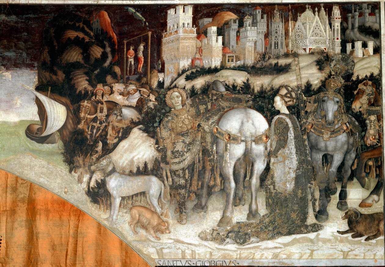 Saint George leverer prinsessen av Trebizonde detalj. Fresco av Antonio Pisano kalt Pisanello (ca. 1380-1455) 1436-1438 Verona, Church of Sant 