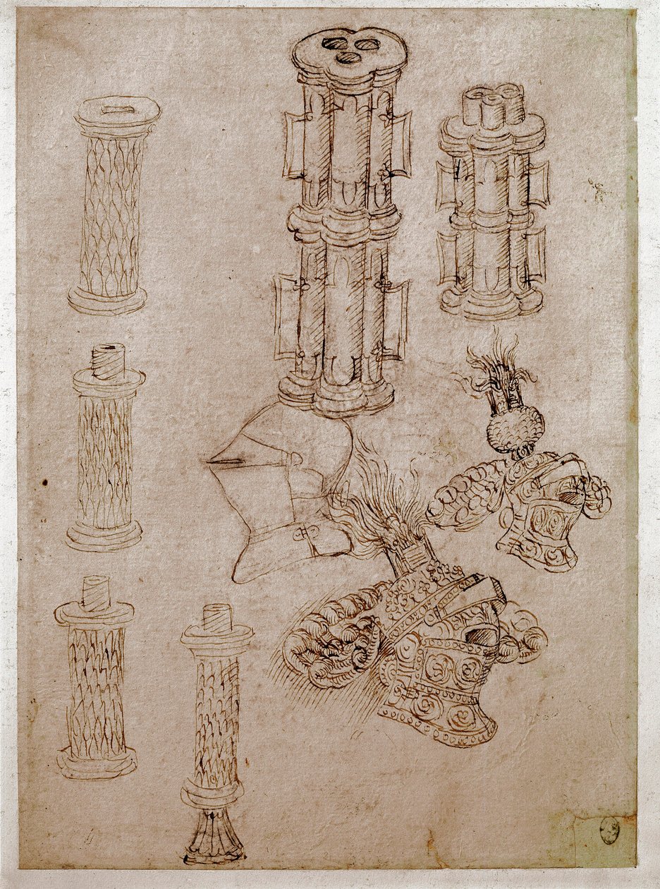 Tre hjelmer toppet med kister og to våpenstykker demolert. Tegning av Antonio di Puccio Pisano dit Pisanello (1395-1455) Brunt blekk, svart stein, fjær. Mål: 28,7x20,6cm. Louvre, tegnefirma av Antonio Pisanello