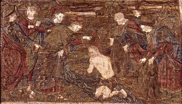 Kristus døper St. Johannes døperen, billedvev som viser scener fra helgenens liv (tekstil) av Antonio Pollaiuolo