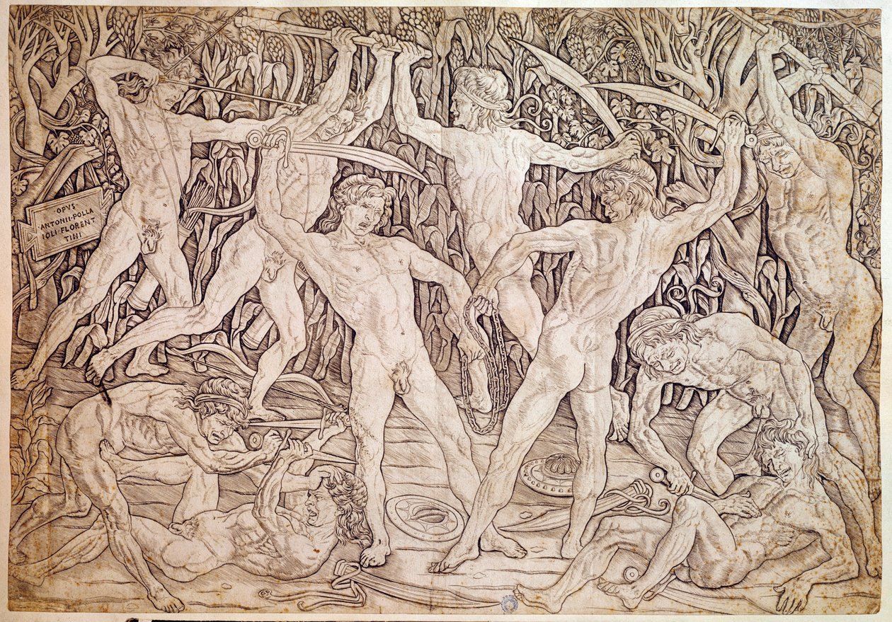 Nakne menn slåss. Gravert av Antonio Pollaiuolo (Pollaiolo) (1432-1498) av Antonio Pollaiuolo