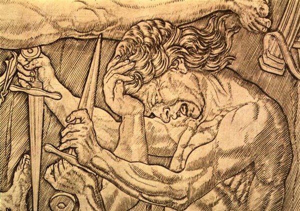 The Battle of the Ten Nudes, detalj av menn som kjemper med dolker, ca. 1470-75 (penn og blekk på papir) (se også 57536) av Antonio Pollaiuolo