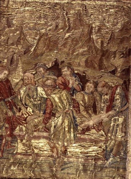 The Burial of St. John the Baptist, billedvev som viser scener fra helgenens liv (tekstil) av Antonio Pollaiuolo