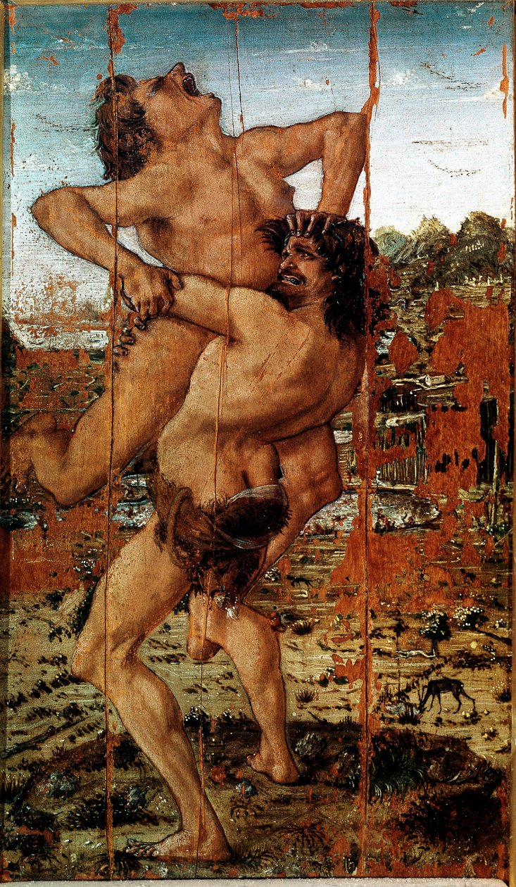 De tolv verkene til Hercules: "" Heracles (Hercules) Lift the Giant Ante"" Maleri av Antonio Benci kalt The Pollaiolo (Pollaiuolo) (1431-1498) av Antonio Pollaiuolo