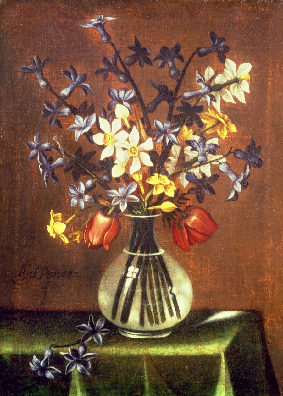 Stilleben av blomster inkludert hyasint, tulipaner og fasanøye (olje) av Antonio Ponce