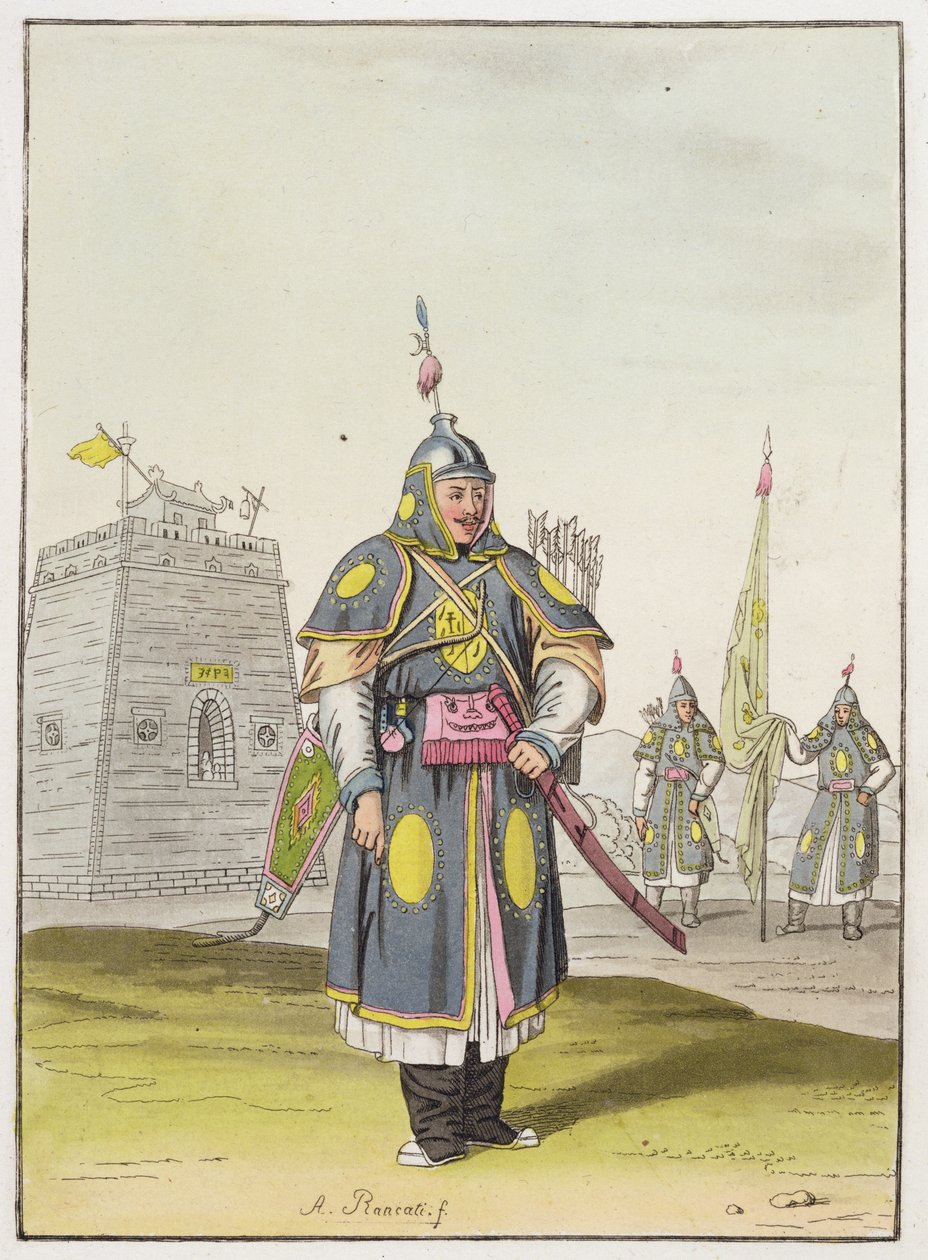 Kinesisk soldat i full kampdrakt, illustrasjon fra 'Le Costume Ancien et Moderne' av Giulio Ferrario, utgitt ca. 1820-30-tallet av Antonio Rancati