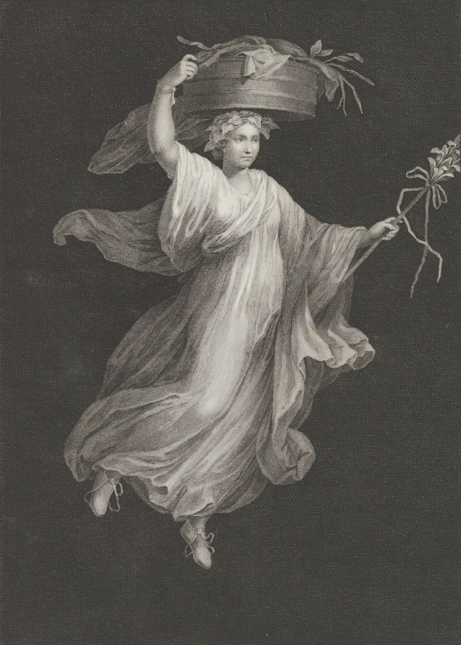 En bacchante som bærer en stor kurv på hodet og holder en stav i le..., ca. 1795-ca. 1820. av Antonio Ricciani