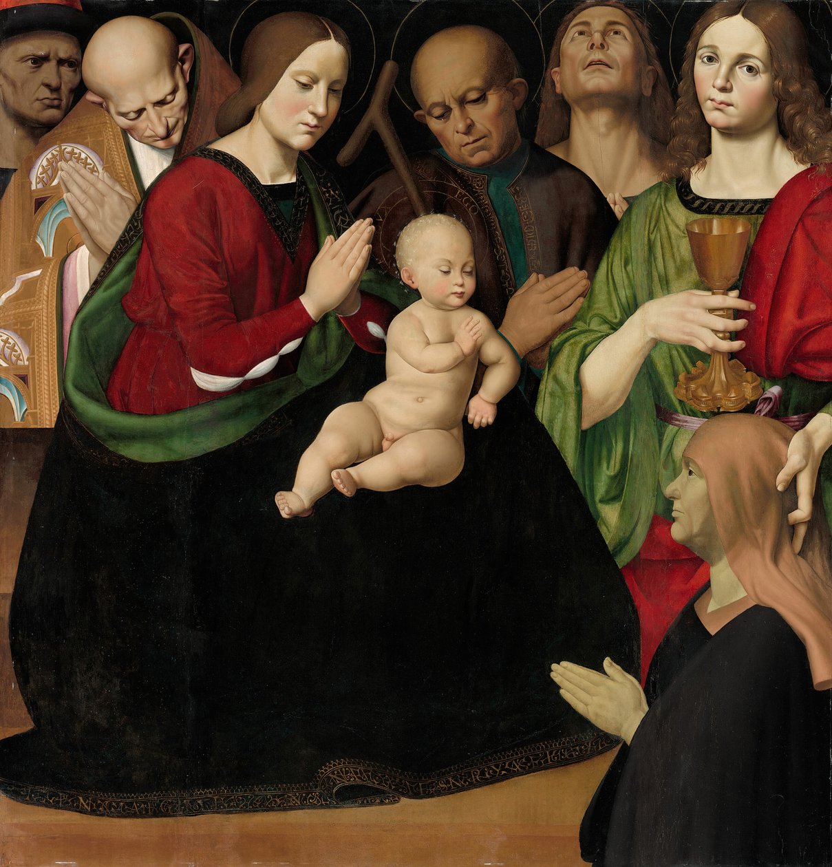 Den hellige familie med fire hellige og en kvinnelig giver, ca. 1510. av Antonio Rimpacta
