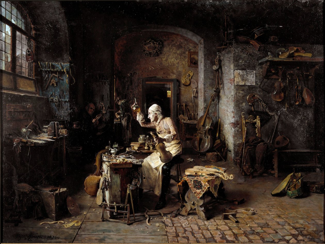 Den italienske luthier Antonio Stradivari (Stradivarius) (1644-1737) i verkstedet sitt av Antonio Rinaldi