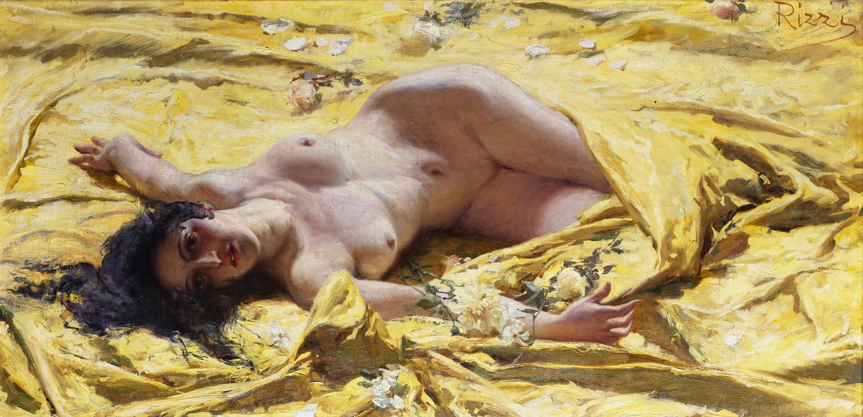 Naken på gule laken. av Antonio Rizzi