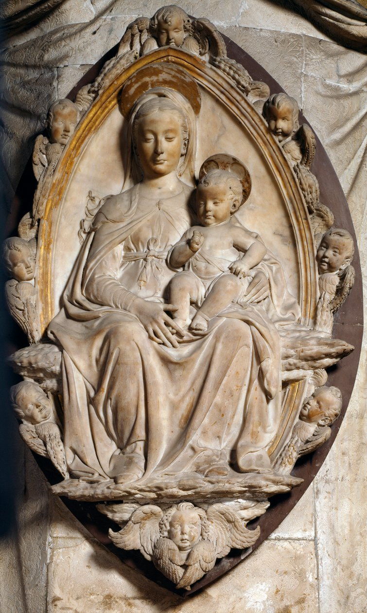 Jomfru og barn i mandorla. Lavrelieff skulptur av Antonio Rossellino