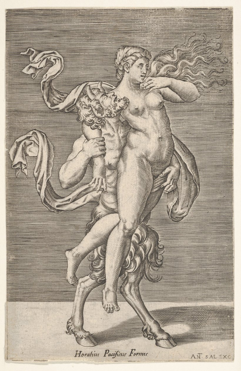 Satyr som bærer en nymfe, hvis høyre arm er viklet rundt satyrens hals, med en ..., ca. 1505-62. av Antonio Salamanca