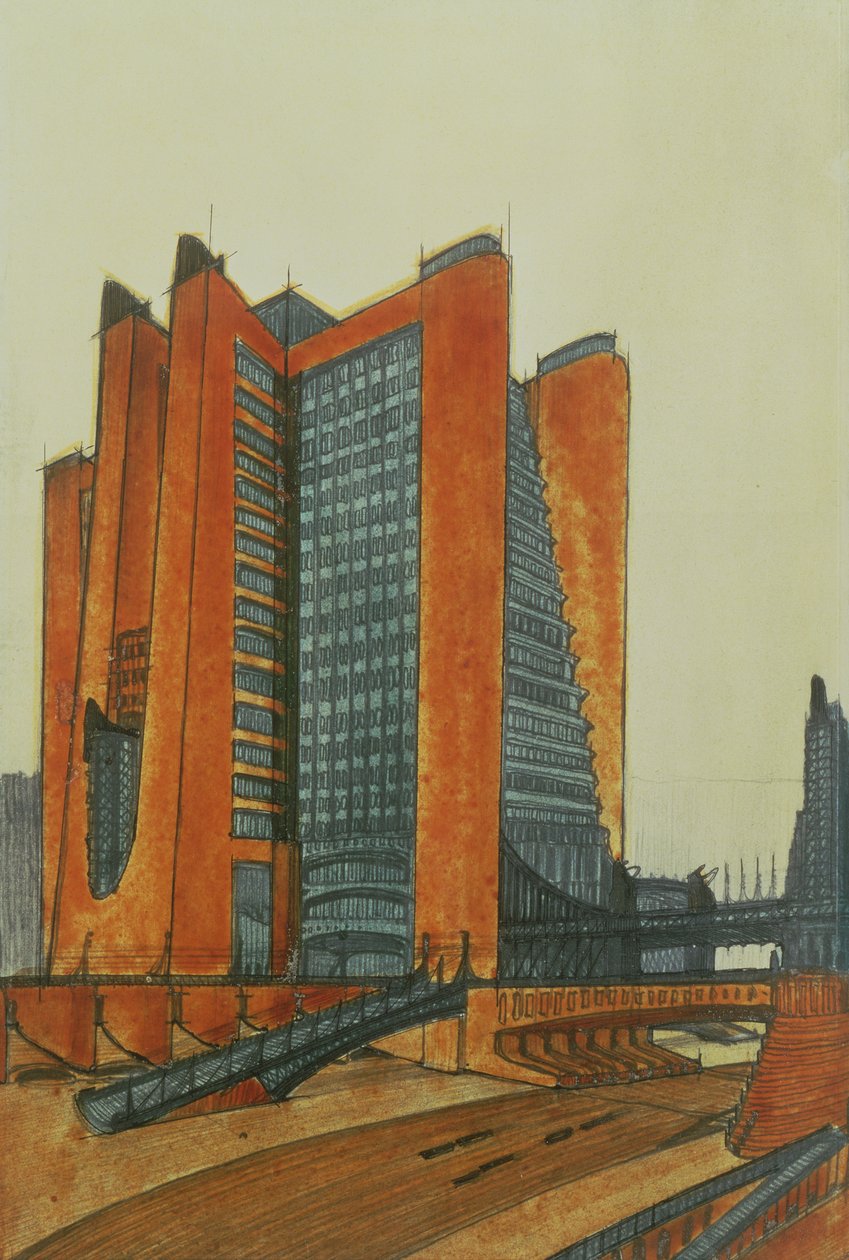 La Citta Nuova, 1913 (blekk, blyant og wc på papir) av Antonio SantElia