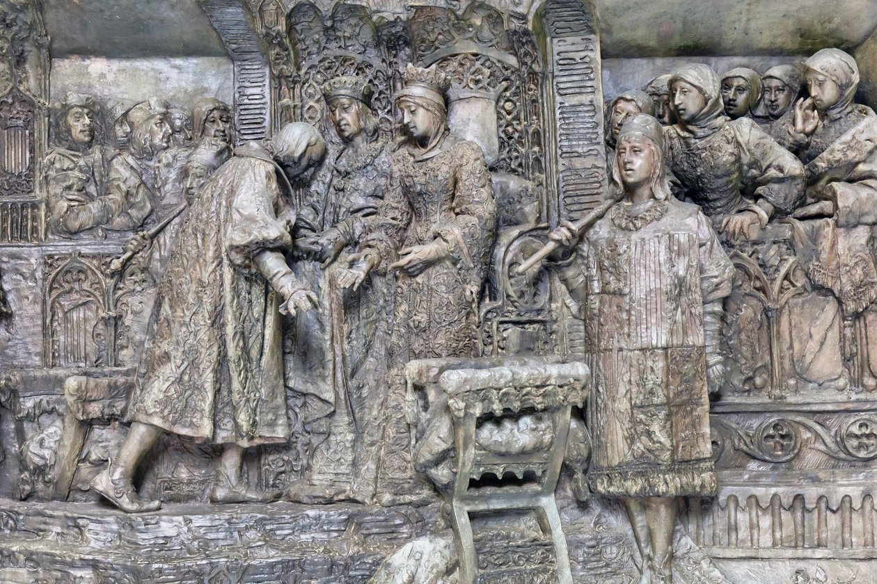 Columbus and the Catholic Kings, detalj av presentasjonen av Columbus til de katolske kongene på Salon del Tinell i Barcelona (bronse) av Antonio Susillo Fernandez