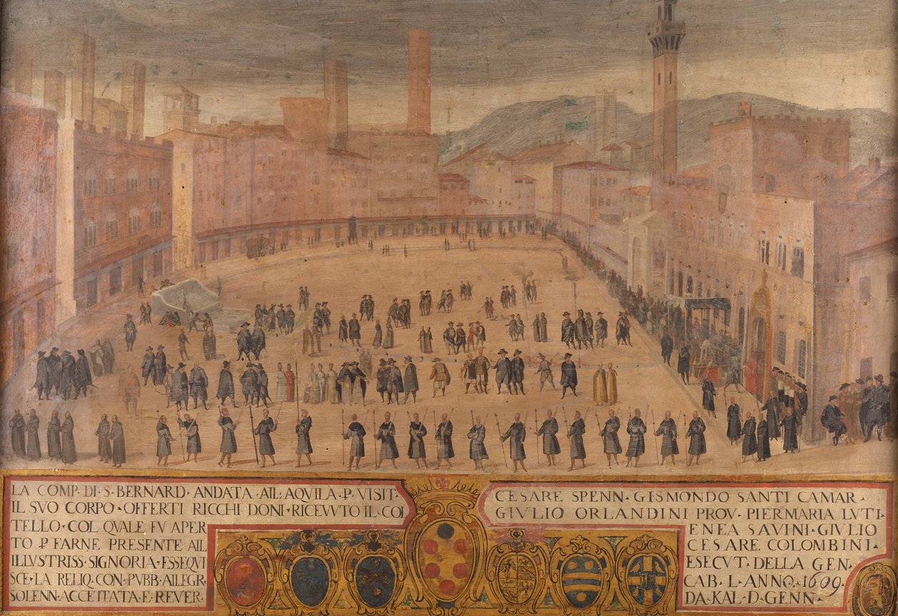 Return of the Company of Saint Bernardino fra L'Aquila på Piazza del Campo Siena av Antonio Taddeo di Gregori