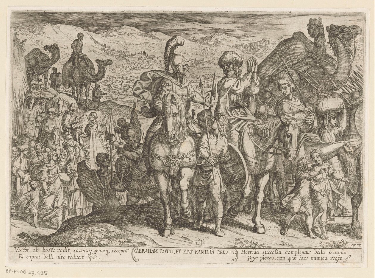 Abraham tar med seg Lot og hans familie til sitt eget land Abraham Loth, et familia reducit (tittel på objekt) Det gamle testamente kampscener (serietittel) av Antonio Tempesta